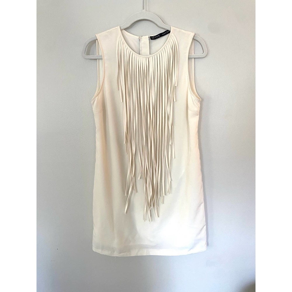 ZARA womens medium ivory fringe front tunic mini dress crew neck sleeveless 0064